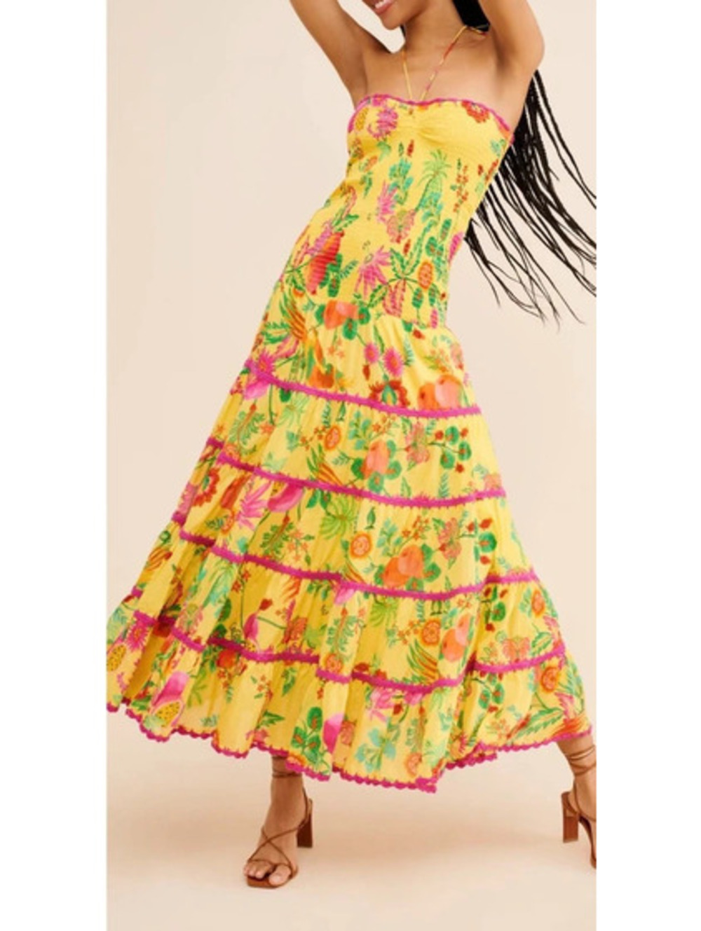 NWOT- Farm Rio Delicate Fruit Garden Yellow Smocked Maxi Dress